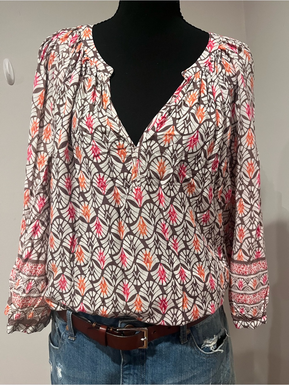 Cynthia Rowley Floral Print Peasant Blouse in Pink, Orange & Brown